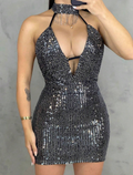 Vestido Paetê Curto Decotado Gola Alta c/ Strass