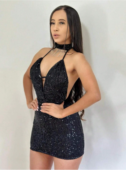 Vestido Paetê Curto Decotado Gola Alta c/ Strass