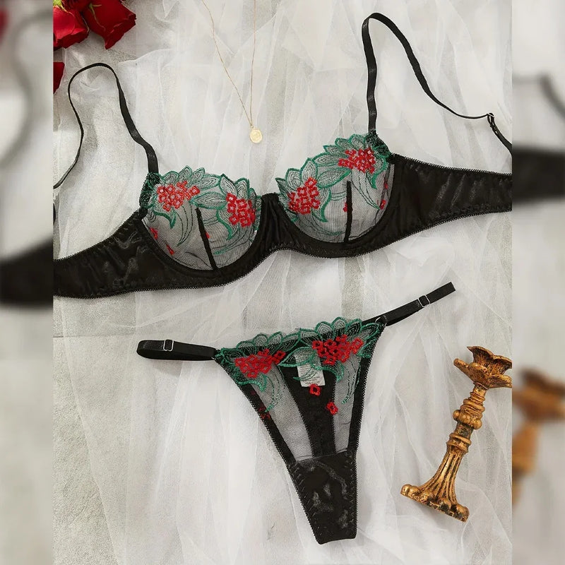 Langerie sexy renda Conjunto 2 peças roupa interior feminina bordado sutiã e calcinha conjuntos