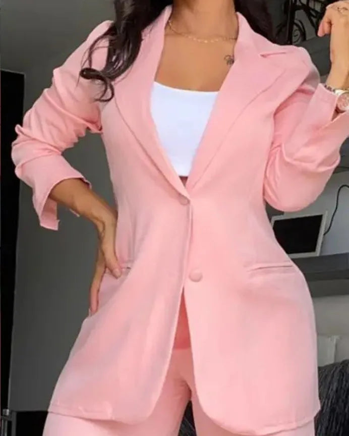 Conjunto De Duas Peças Roupa Feminina Outono Moda Gola Manga Longa Blazer Casaco Conjunto