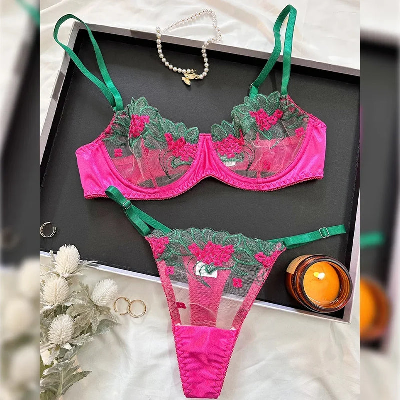 Langerie sexy renda Conjunto 2 peças roupa interior feminina bordado sutiã e calcinha conjuntos