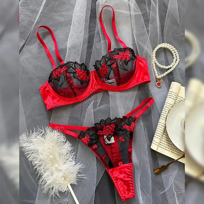 Langerie sexy renda Conjunto 2 peças roupa interior feminina bordado sutiã e calcinha conjuntos